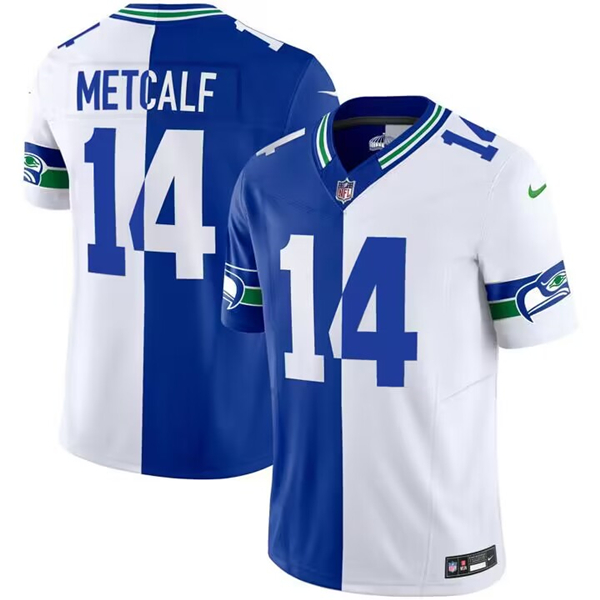Men's Seattle Seahawks #14 D.K. Metcalf Royal/White Split Throwback Vapor Limited Stitched Football Jersey